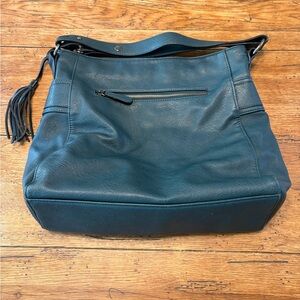 Dark Teal Soft Leather Hobo Shoulder Bag w/ Tassel and Gold Detail
